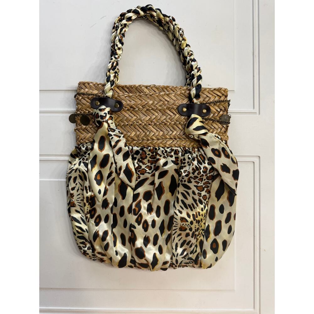 Sun N Sand Leopard Print Coin Chain Rope Handle Straw Detail Shoulder Bag Purse - Picture 6 of 8